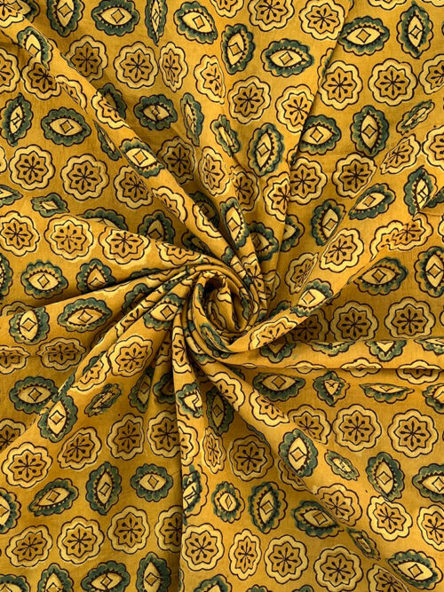 Ajrakh Hand Block Print Geometric Flower Design Cotton Fabric - Yellow