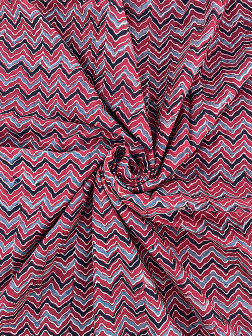 Ajrakh Hand Block Zig Zag Design Cotton Fabric - Red