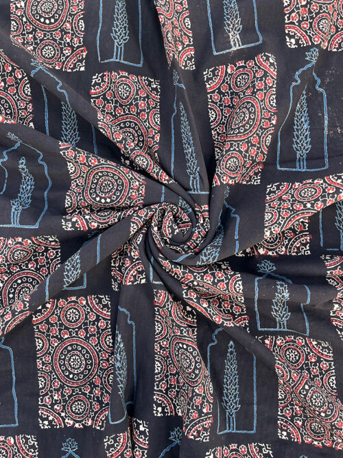 Ajrakh Hand Block Traditional Butta Design Cotton Fabric - Black