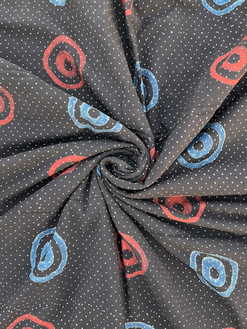 Ajrakh Hand Block Round Butta Design Cotton Fabric - Black
