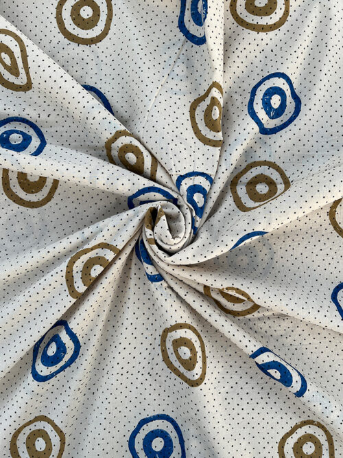 Ajrakh Hand Block Round Butta Design Cotton Fabric - Cream White