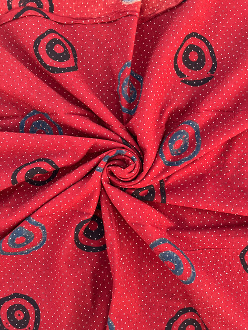 Ajrakh Hand Block Round Butta Design Cotton Fabric - Red