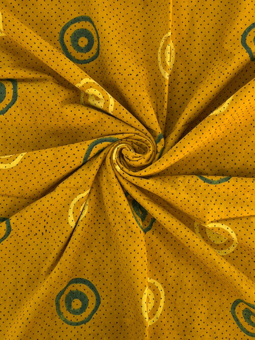 Ajrakh Hand Block Round Butta Design Cotton Fabric - Yellow