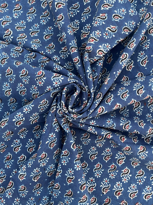 Ajrakh Hand Block Print Flower Design Cotton Fabric - Blue