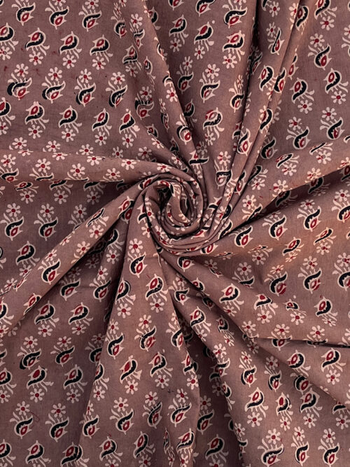 Ajrakh Hand Block Print Flower Design Cotton Fabric - Chiku