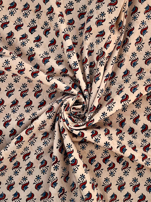 Ajrakh Hand Block Print Flower Design Cotton Fabric - Cream