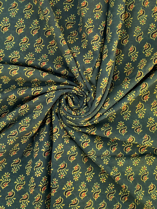 Ajrakh Hand Block Print Flower Design Cotton Fabric - Green