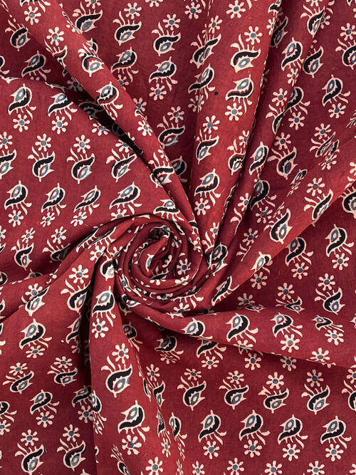 Ajrakh Hand Block Print Flower Design Cotton Fabric - Red