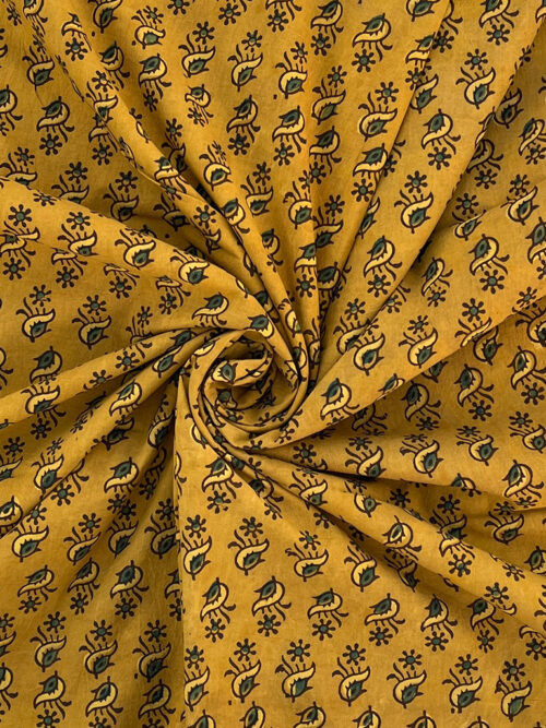 Ajrakh Hand Block Print Flower Design Cotton Fabric - Yellow