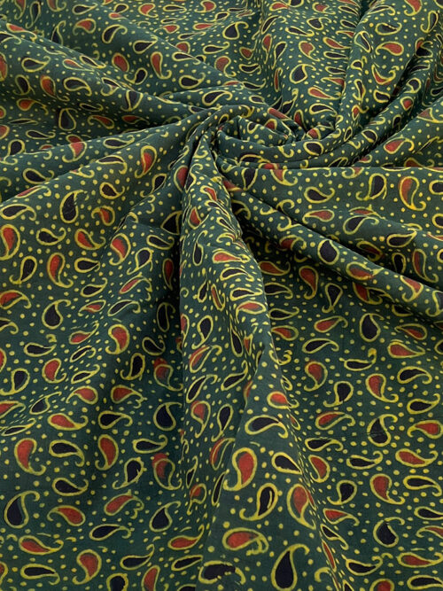 Ajrakh Hand Block Print Small Mango Design Cotton Fabric - Green