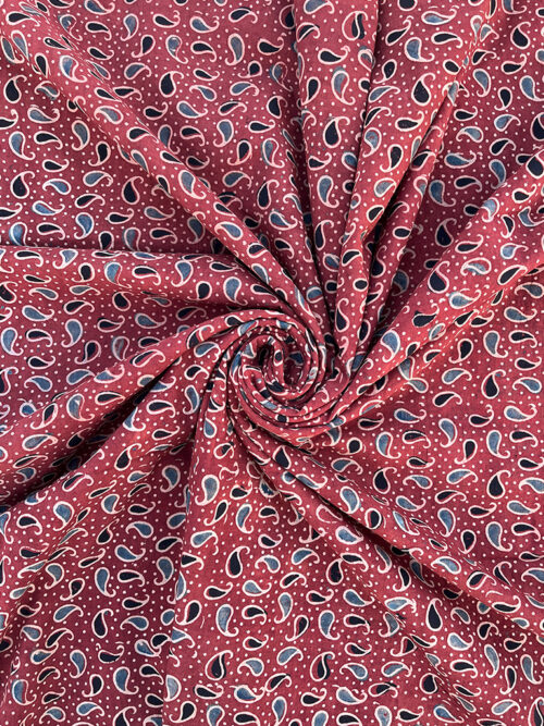 Ajrakh Hand Block Print Small Mango Design Cotton Fabric - Red
