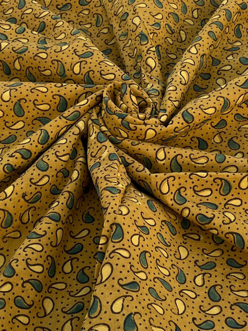 Ajrakh Hand Block Print Small Mango Design Cotton Fabric - Yellow