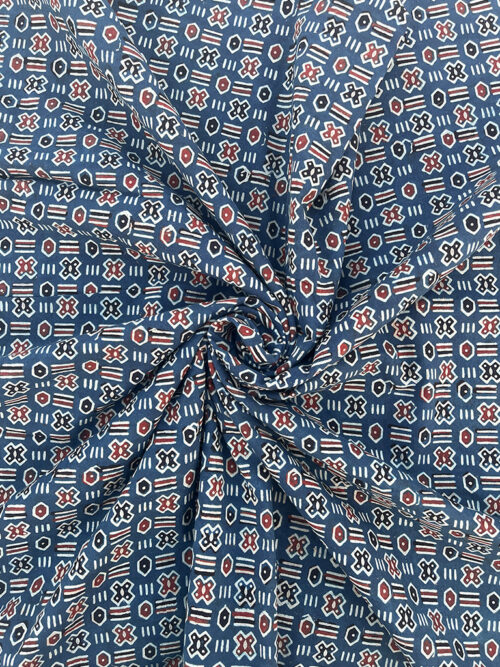Ajrakh Hand Block Print Geometric Cotton Fabric Design - Blue