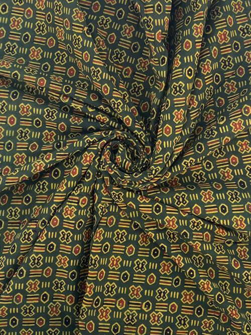 Ajrakh Hand Block Print Geometric Cotton Fabric Design - Green