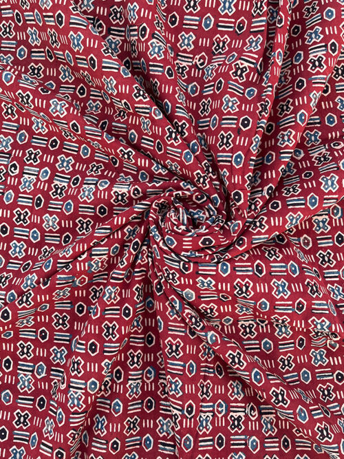 Ajrakh Hand Block Print Geometric Cotton Fabric Design - Red
