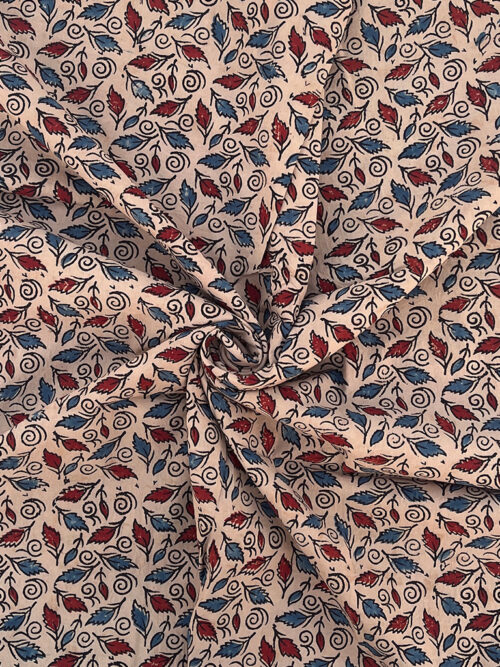Ajrakh Hand Block Print Leaf Design Cotton Fabric - Cream White