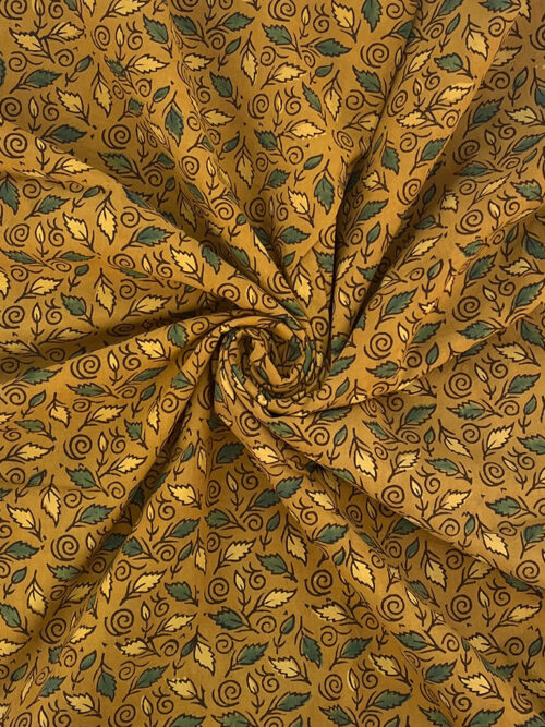 Ajrakh Hand Block Print Leaf Design Cotton Fabric - Yellow