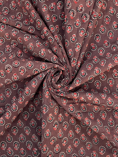Ajrakh Hand Block Print Kalagi Flower Design Cotton Fabric - Chiku Colour
