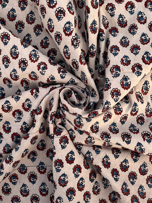 Ajrakh Hand Block Print Kalagi Flower Design Cotton Fabric - Cream White