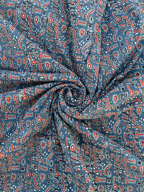 Ajrakh Hand Block Print Warli Art Pattern Design Cotton Fabric - Blue