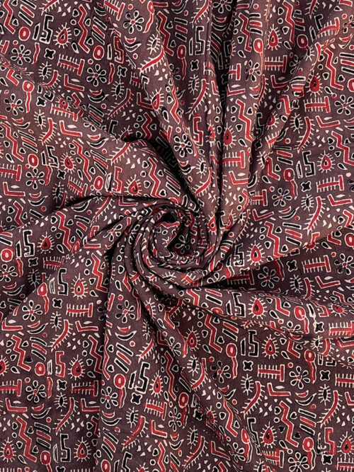 Ajrakh Hand Block Print Warli Art Pattern Design Cotton Fabric - Chiku
