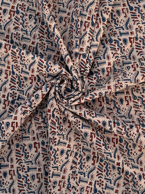 Ajrakh Hand Block Print Warli Art Pattern Design Cotton Fabric - Cream White