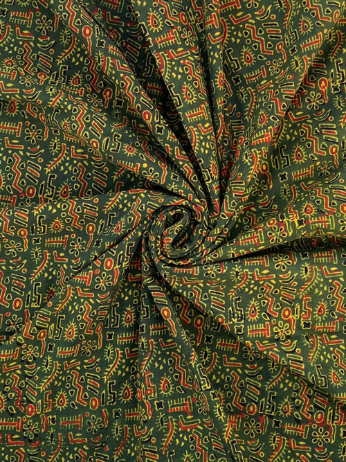 Ajrakh Hand Block Print Warli Art Pattern Design Cotton Fabric - Green