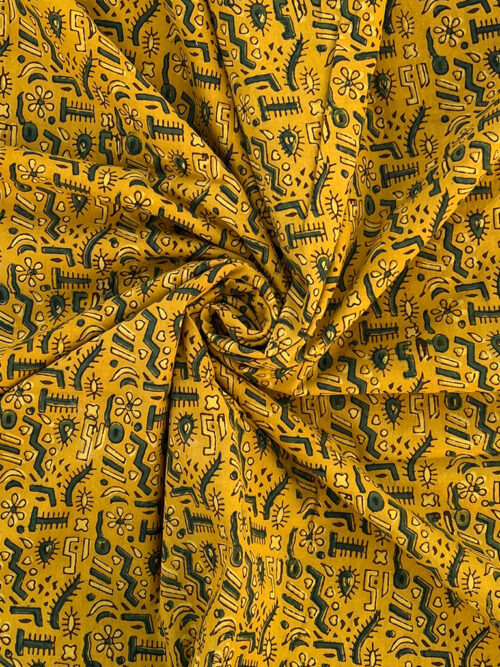 Ajrakh Hand Block Print Warli Art Pattern Design Cotton Fabric - Yellow