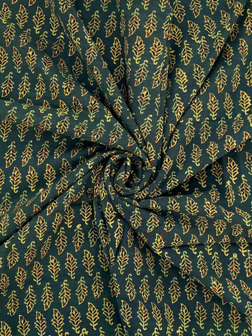 Ajrakh Hand Block Print Leaf Pattern Design Cotton Fabric - Green