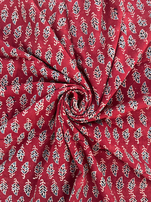 Ajrakh Hand Block Print Leaf Pattern Design Cotton Fabric - Red