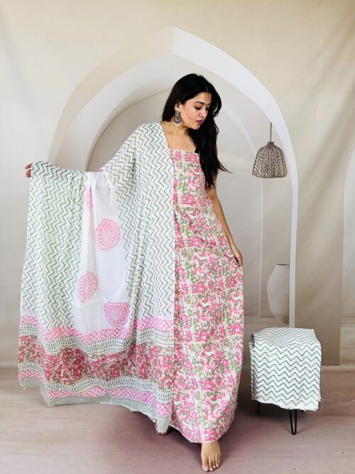 Flamingo Pink Flower Printed Jaipur Sangneri Dress Material