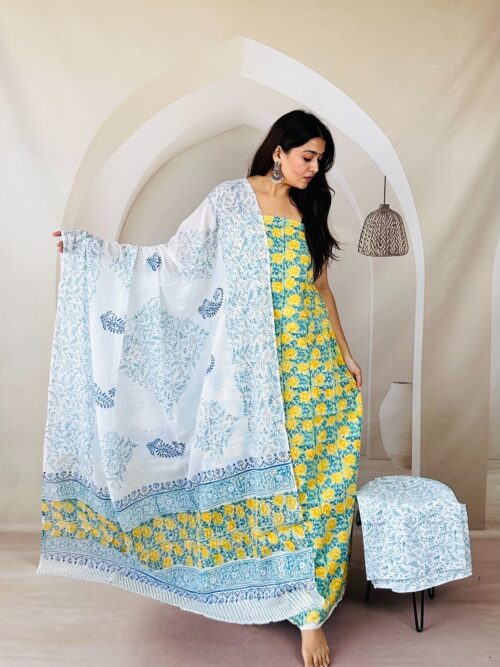 Rose Flower Print In Pistachio Green Jaipur Sangneri Dress Material