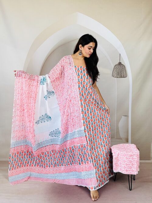 White Bel Butta Print Jaipur Sangneri Dress Material