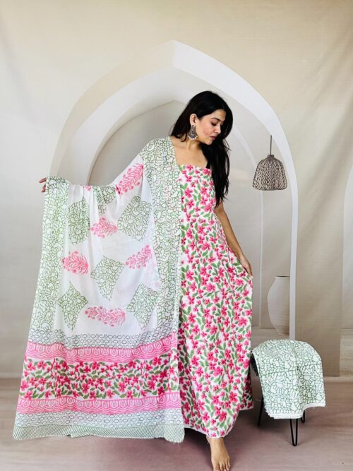 White Bel Print Jaipur Sangneri Dress Material