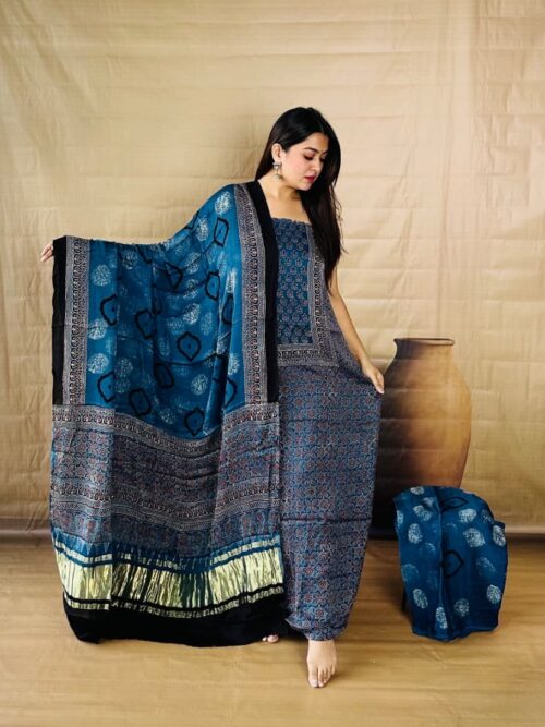 Deep Blue with Yoke -Pure Modal Silk Unstitched Dress Material