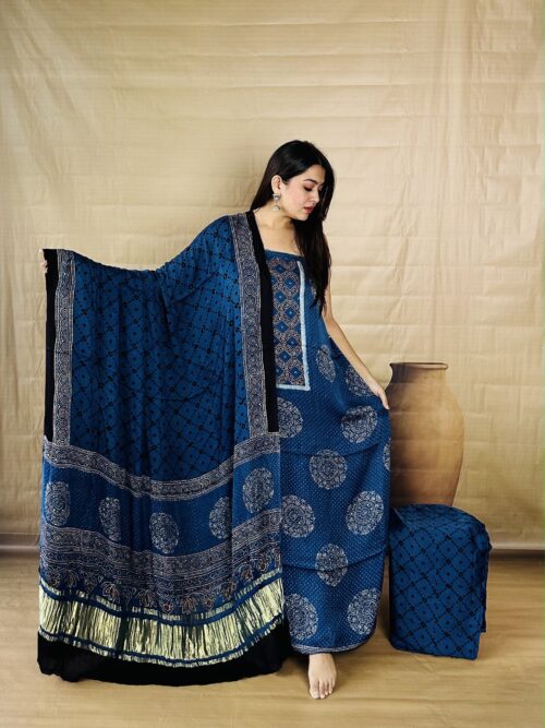 Deep Blue Circular Prints Pure Modal Silk Unstitched Dress Material