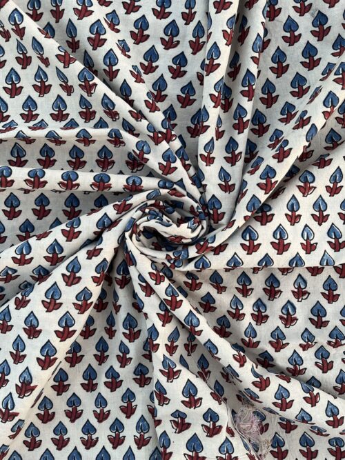 Shvet Blue-Leaf Buti Ajrakh Hand Block Cotton Fabric