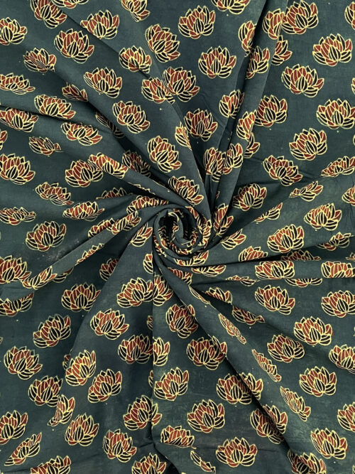 Sage Lotus Garden Ajrakh Hand Block Cotton Fabric