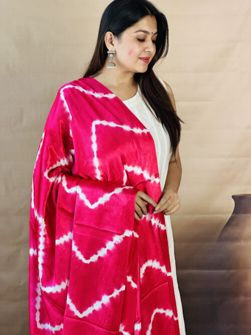 Coral Candy Pink Lagdi Patta Shibori Modal Silk Dupatta