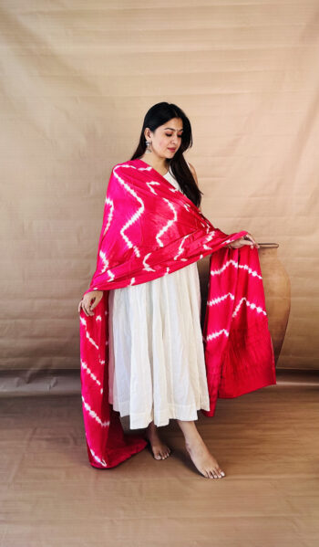 Coral Candy Pink Lagdi Patta Shibori Modal Silk Dupatta