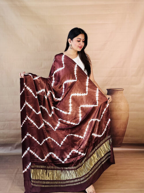 Mocha Mist Lagdi Patta Shibori Modal Silk Dupatta
