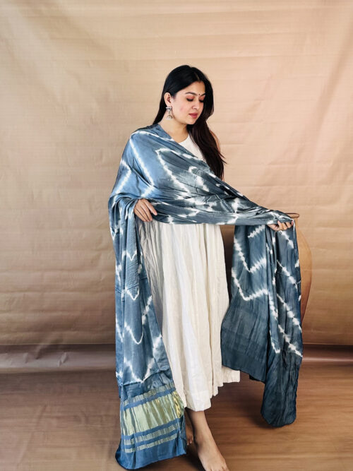 Ash Blue Lagdi Patta Shibori Modal Silk Dupatta