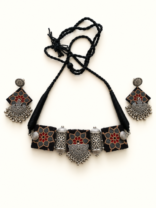 Black Printed Fabric Necklace Set with Silver-Tone Charms