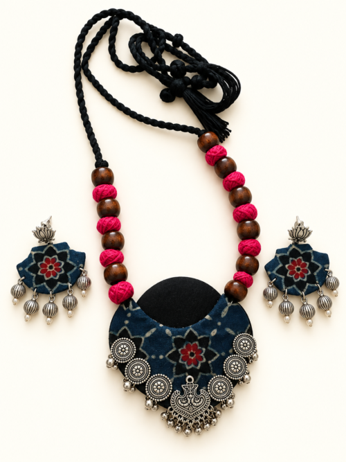 Blue Printed Fabric Necklace Set with Pink & Silver Accents