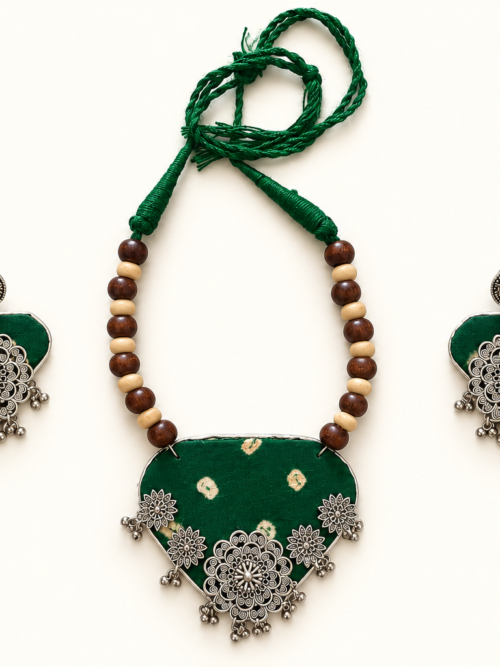 Green Fabric Statement Necklace Set with Silver-Tone Motifs