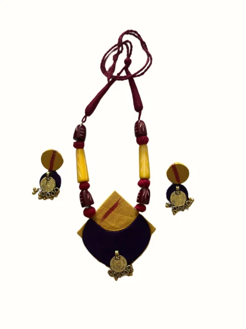 Yellow & Maroon Cloth Pendant Necklace with Matching Earrings