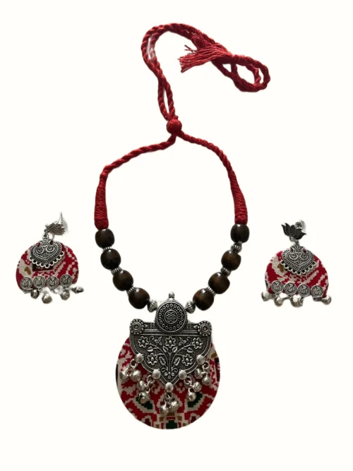 Handcrafted Red Printed Fabric Pendant Necklace Set with Oxidized Silver Floral Charm & Wooden Beads