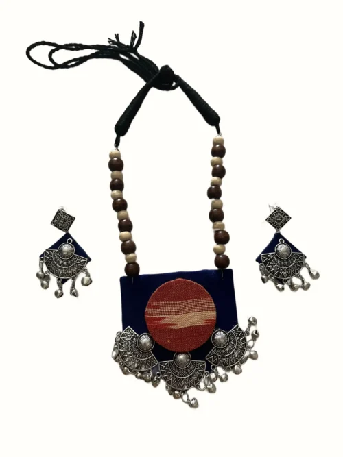 Handcrafted Royal Blue Square Fabric Necklace Set with Rust Circular Patch, Fan Charms & Wooden Beads