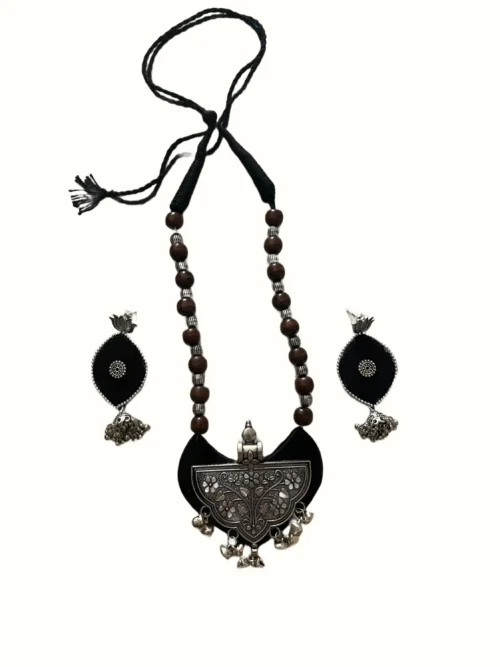 Handcrafted Black Fabric Crescent Necklace Set with Oxidized Silver Floral Carved Pendant & Lotus Earrings