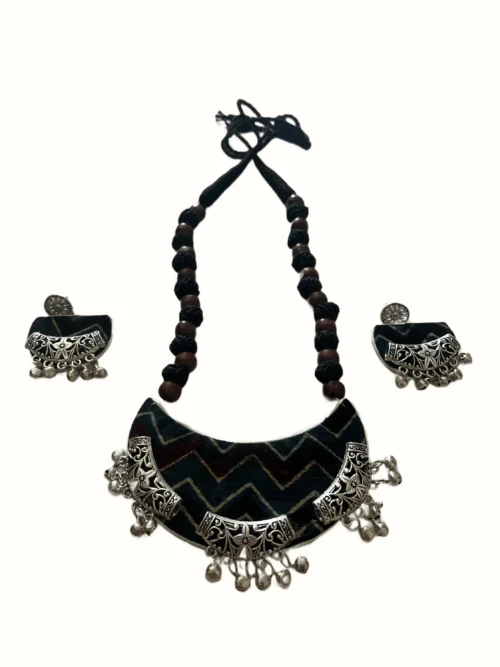 Handcrafted Black Chevron Print Fabric Crescent Necklace Set with Filigree Silver Accents, Wooden Beads & Ghungroo Earrings